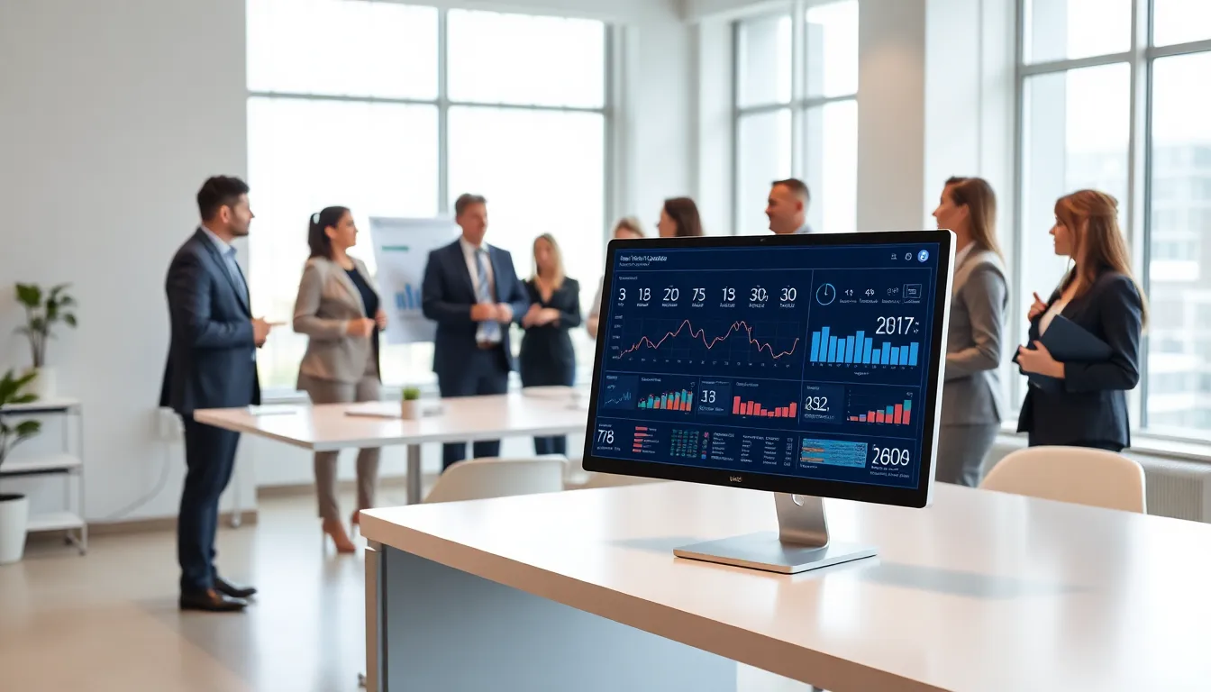 professionals discussing numerical data in a modern office.
